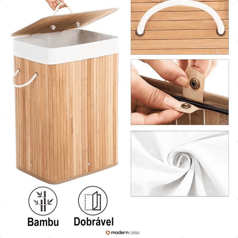 Cesto de Roupa Bambu c/ Tampa Retangular