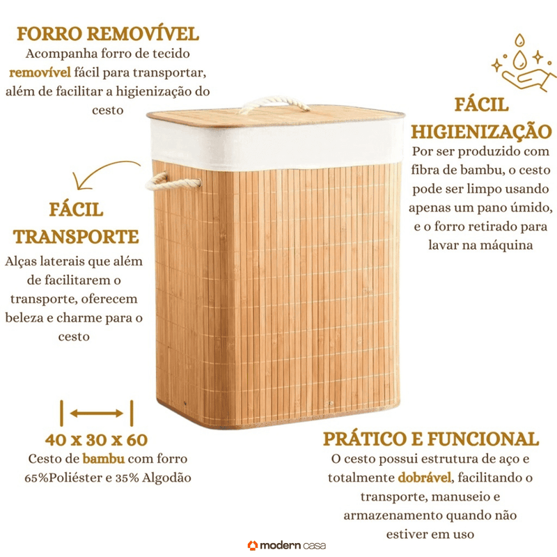 Cesto de Roupa Bambu c/ Tampa Retangular