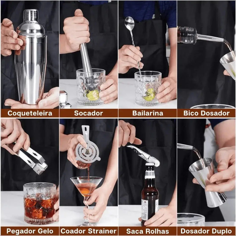 Kit Barman Coqueteleira Profissional Inox 12 Peças