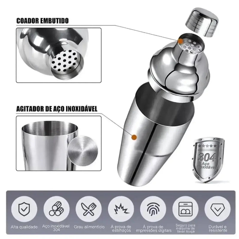 Kit Barman Coqueteleira Profissional Inox 12 Peças