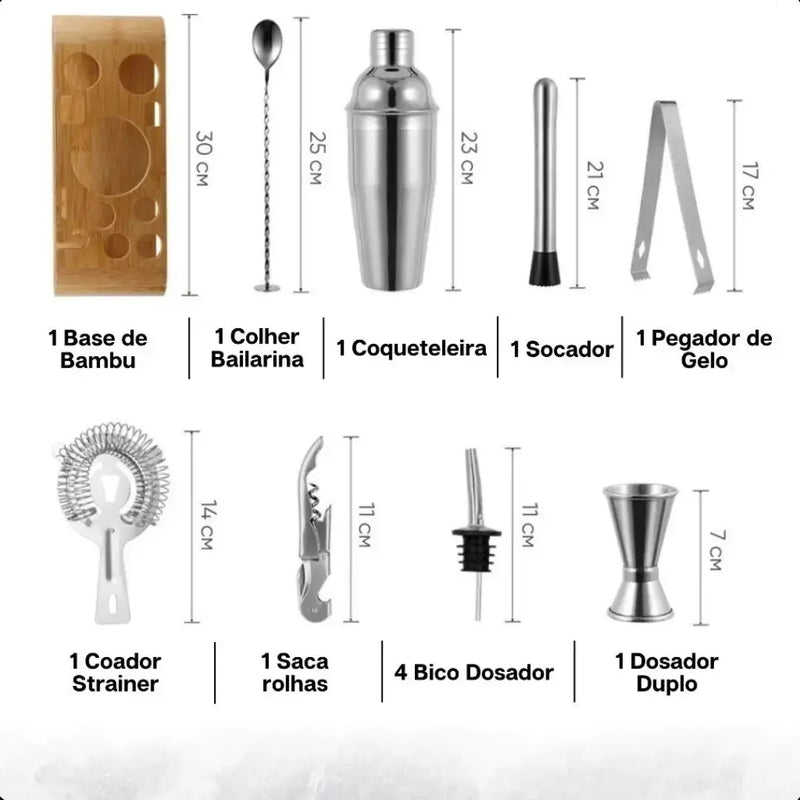 Kit Barman Coqueteleira Profissional Inox 12 Peças